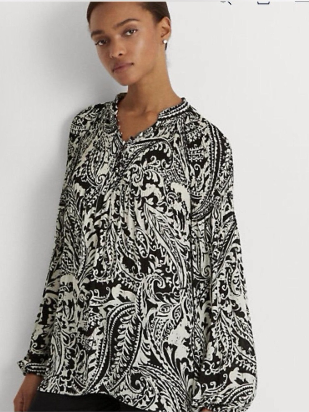 Women Ralph Lauren Black & Cream Paisley Long-Sleeve Tunic blouse medium size